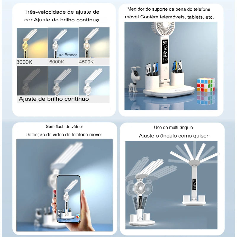 Luminária LED com Ventilador e Relógio para Leitura